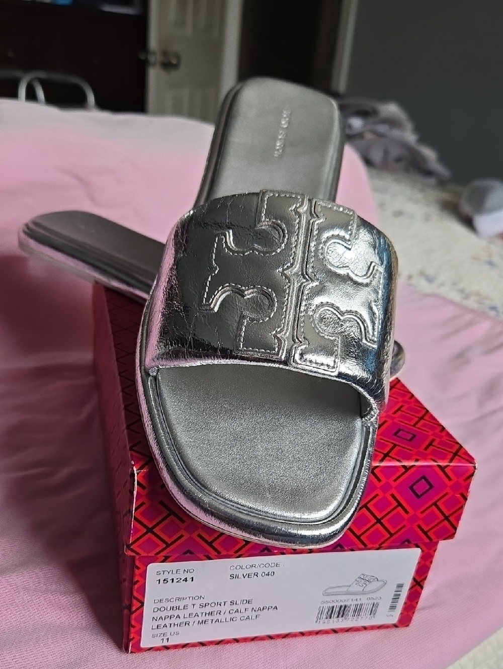 Tory Burch Silver Metallic Slide Mules with Dust bag
